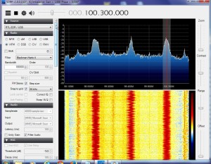 A 2 1/2 MHz slice of the FM band showing three strong FM broadcast stations